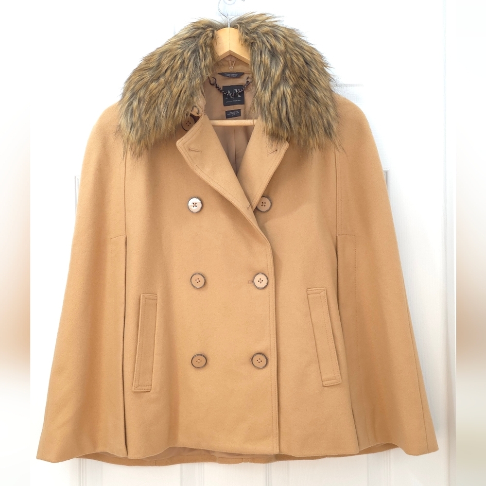 Armani Exchange Vintage  Tan Wool Cape Coat M Removable Faux Fur Collar